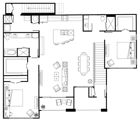 A black and white floor plan of a house with various rooms and furniture.
