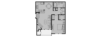 A floor plan of a house with a kitchen, living room, and bathroom.
