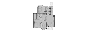 A floor plan of a house with a kitchen, living room, and bathrooms.