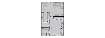 A floor plan of a kitchen with a table, chairs, and appliances.