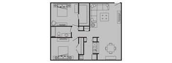 A floor plan of a house with a kitchen, living room, and bathroom.