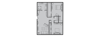 A black and white floor plan of a house with a kitchen, living room, and bathroom.