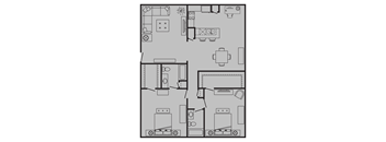 A floor plan of a house with a kitchen, living room, and two bedrooms.