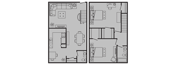 A floor plan of a house with two rooms, one with a kitchen and the other with a living room.