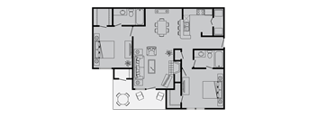 A black and white floor plan of a house with various rooms and furniture.