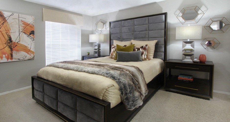 Spacious bedroom that can fit a king size bed with walk-in closet and attached bathroom at Preston Village Apartments in north Dallas
