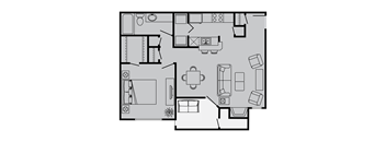 A black and white floor plan of a house with a kitchen, living room, dining room, and two bedrooms.