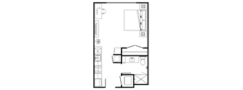 A floor plan of a house with a kitchen, living room, and bathroom.