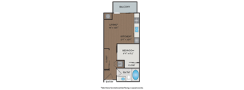 A floor plan of a small apartment with a living room, kitchen, bedroom, and bathroom.