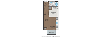 A floor plan of a home with a living room, kitchen, bedroom and bathroom.