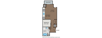 A floor plan of a home with a living room, kitchen, bedroom, bathroom and balcony.