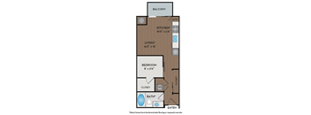 A floor plan of a home with a balcony, kitchen, living room, bedroom, bathroom, closet, and entry.