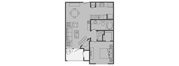 A floor plan of a house with a kitchen, living room, and bathroom.