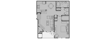 A floor plan of a house with a kitchen, living room, and bathroom.