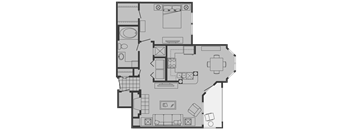 A floor plan of a house with a kitchen, living room, and bathrooms.
