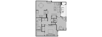 A floor plan of a house with a kitchen, living room, and bathrooms.
