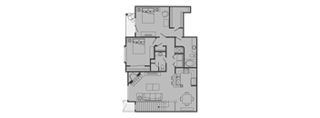 A floor plan of a house with a kitchen, living room, and two bedrooms.