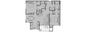 A floor plan of a house with a kitchen, living room, and two bedrooms.