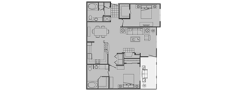 A floor plan of a house with a kitchen, living room, and bathrooms.
