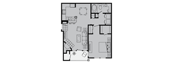A floor plan of a house with a kitchen, living room, and bathroom.