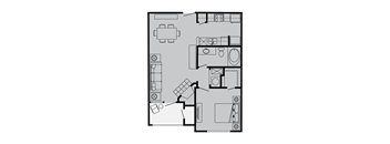 A floor plan of a house with a kitchen, living room, and bathroom.