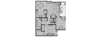 A floor plan of a house with a kitchen, living room, and bathroom.