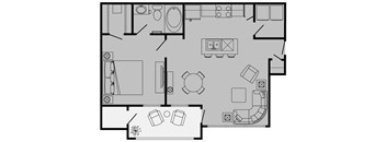 A black and white floor plan of a house with a kitchen, living room, and bathroom.