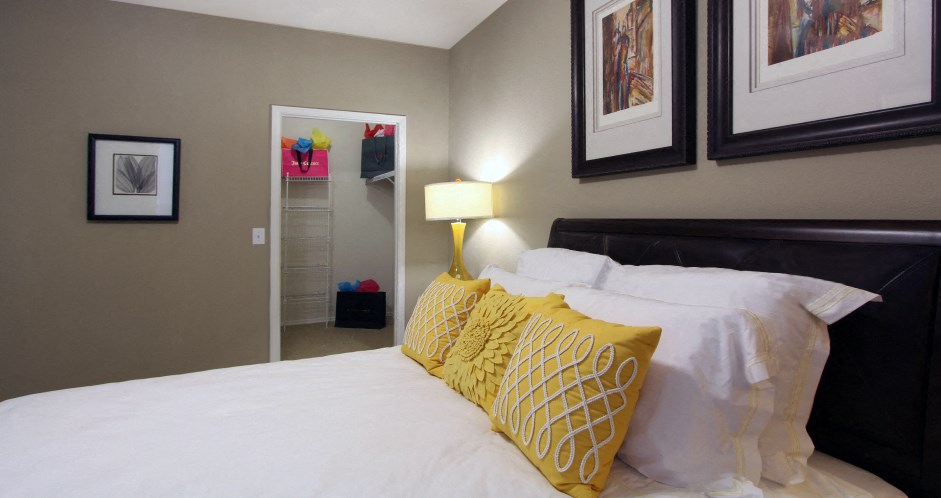 Spacious master bedroom with attached master bathroom and spacious walk-in closet with 9-foot ceilings at Village on the Parkway Apartments.