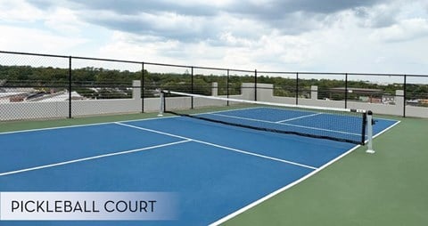 A pickleball court with a blue surface and a black fence.