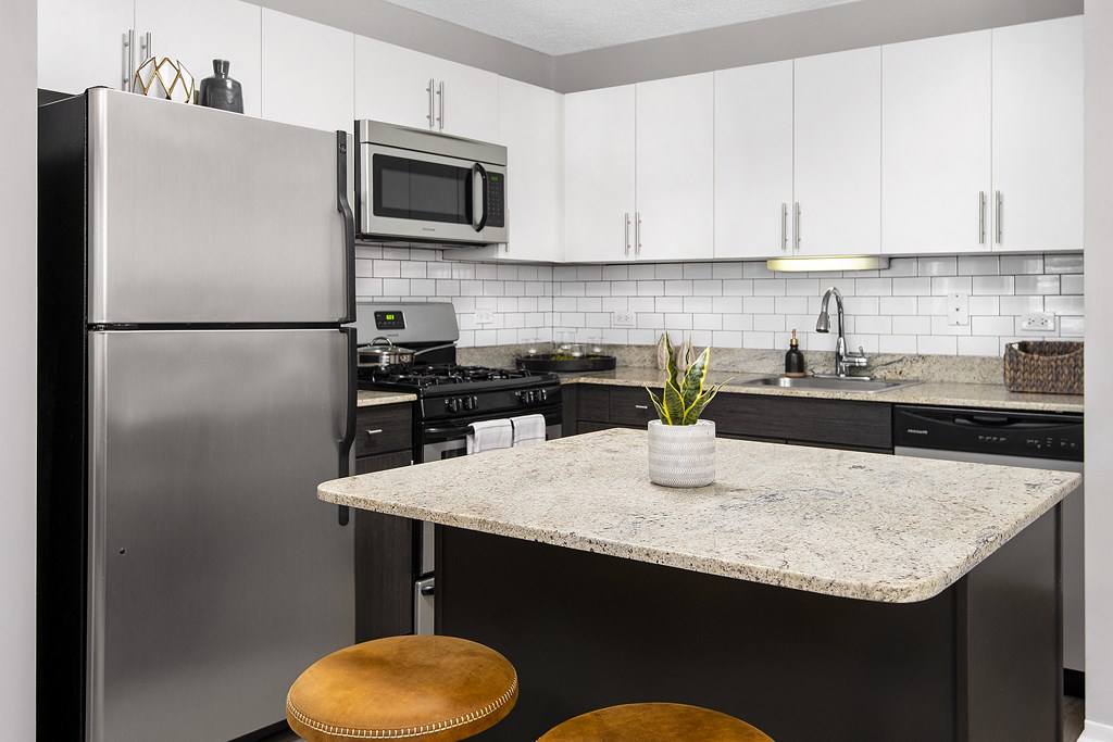 a kitchen with stainless steel appliances and a granite counter top