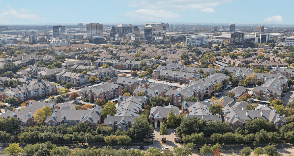A suburban neighborhood with houses and trees in the foreground and a city skyline in the background.
