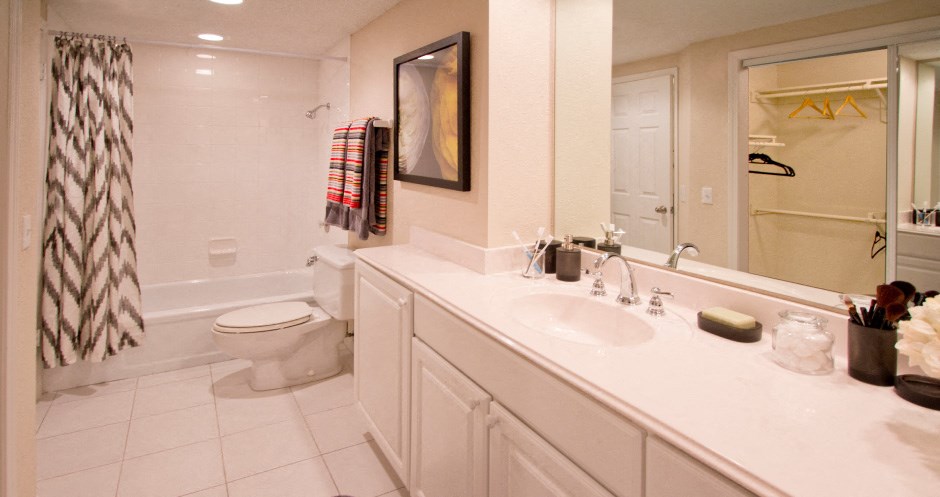 Huge master bathroom with spacious walk-in closet, lots of cabinet space, tiled floor, tiled shower with tub at Embassy Park Apartments in Omaha, Nebraska