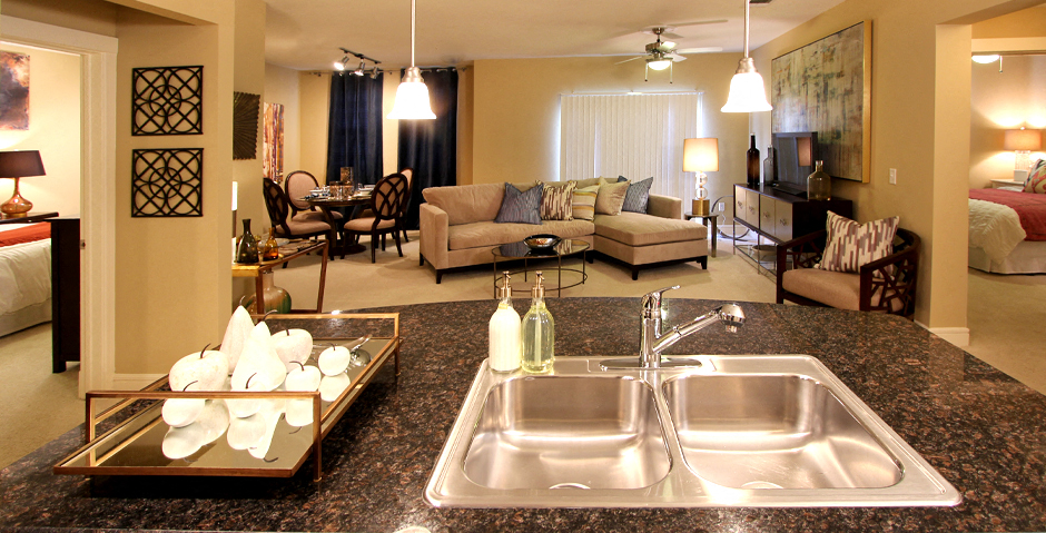 Spacious open floor plan, spacious luxury apartments with granite countertops, 10-foot ceilings, and courtyard views at Delante Apartments in Irving, Texas