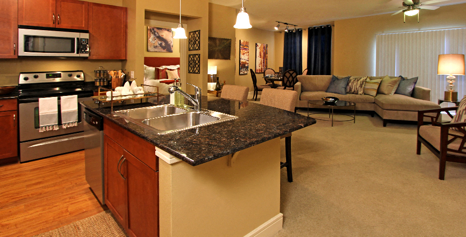 Spacious open floor plan, spacious luxury apartments with granite countertops, 10-foot ceilings, and courtyard views at Delante Apartments in Irving, Texas