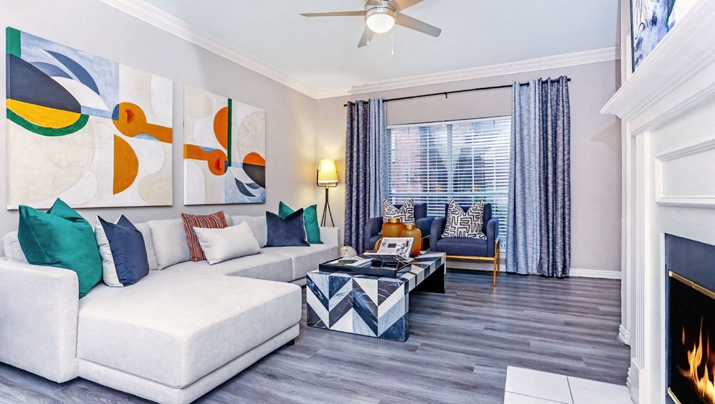 a living room with a couch and a coffee table