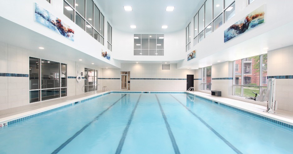 Large indoor swimming pool indoor lap pool at The Biltmore Apartments in Omaha, Nebraska