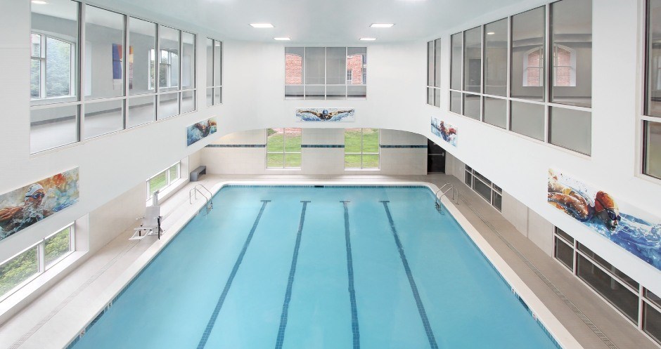 Large indoor swimming pool indoor lap pool at The Biltmore Apartments in Omaha, Nebraska