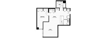A black and white image of a house floor plan with a living room, dining room, kitchen, bedroom, bathroom, pantry, and laundry room.