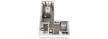 A floor plan of a small apartment with a kitchen, living room, and bathroom.