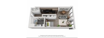 A 3D floor plan of a house with a living room, kitchen, and bathroom.