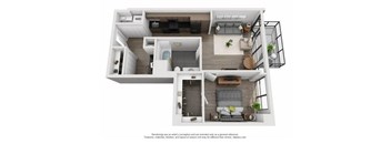 A floor plan of a modern apartment with a living room, kitchen, and bathroom.