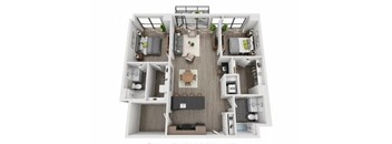 A top-down view of a modern apartment layout with a living room, kitchen, and two bedrooms.