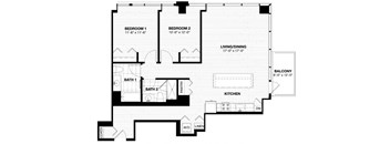 A black and white image of a house floor plan with two bedrooms, a living/dining area, kitchen, two bathrooms, a pantry, and a balcony.