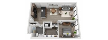 A top-down view of a modern apartment layout with a kitchen, living room, and bedroom.