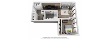 A floor plan of a small apartment with a kitchen, living room, and bedroom.