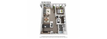 A floor plan of a small apartment with a kitchen, living room, and bedroom.