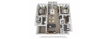 A 3D floor plan of a house with a kitchen, living room, and two bedrooms.