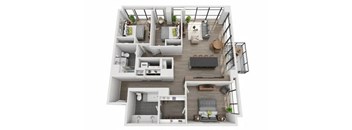 A top-down view of a modern apartment layout with a living room, kitchen, and two bedrooms.