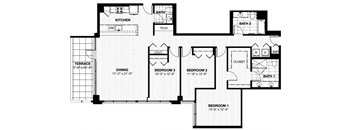 A floor plan of a house with a kitchen, dining room, three bedrooms, a bathroom, and a terrace.