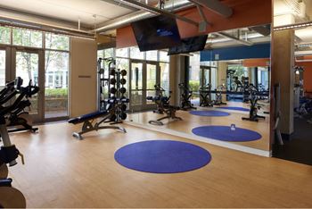 A gym with a variety of equipment including treadmills, weights, and exercise bikes.